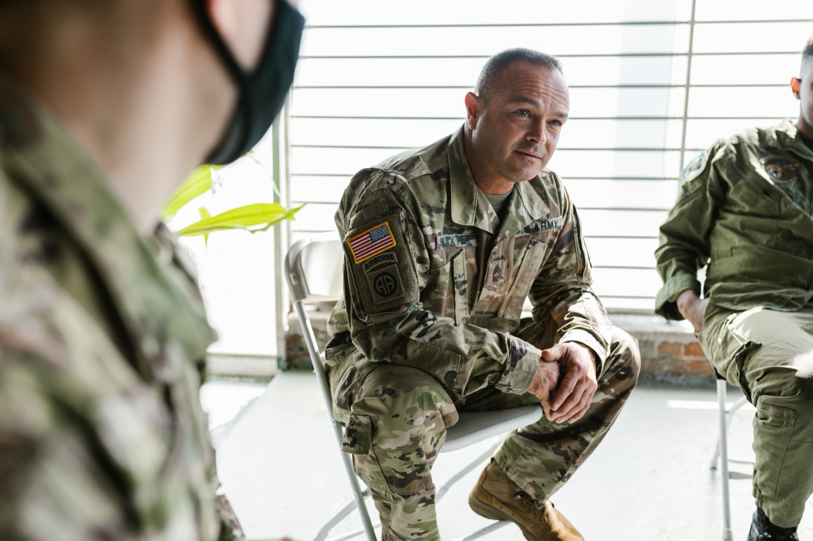 A veteran taking part in a peer-support conversation